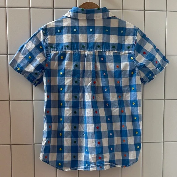 Hanna Andersson Blue and White Check Short-Sleeve Button-Down Shirt, size 6-7 - Picture 6 of 7